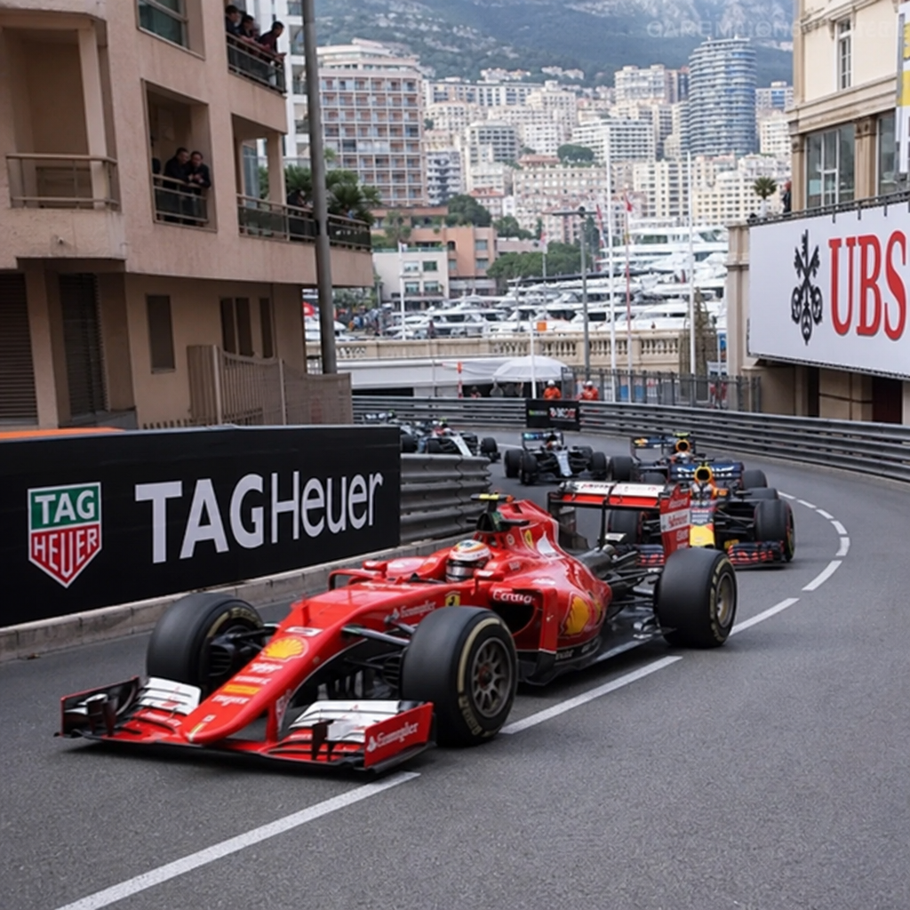 Formula 1 cars racing through the tight streets of Monaco